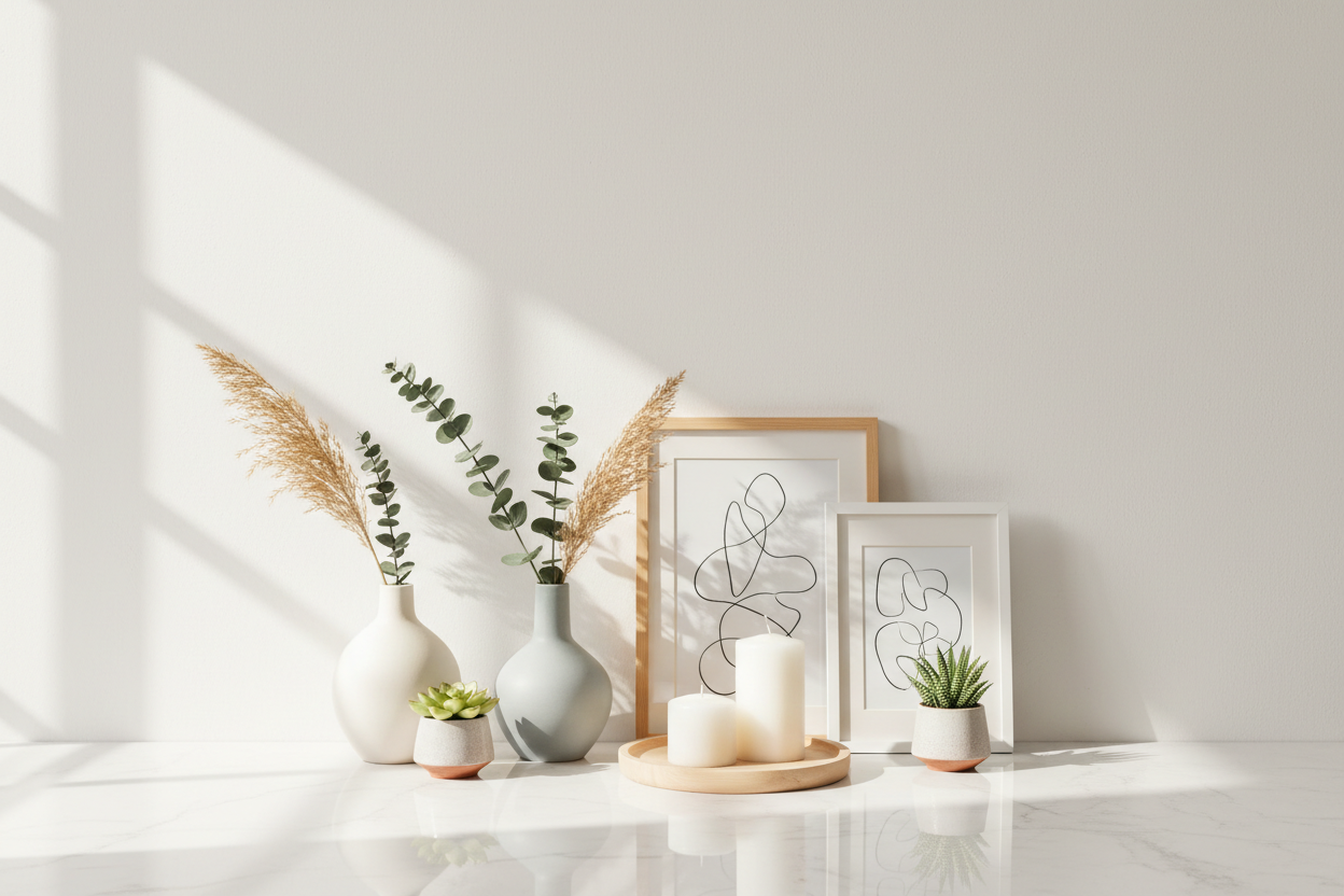 namų dekoro elementai šviesiame fone.